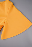 Vestido laranja elegante sólido patchwork com decote em V evasê de manga curta