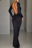 Black Sexy Casual Solid Backless O Neck Long Dress Dresses