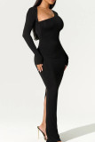 Zwarte straat effen patchwork split asymmetrische kraag lange jurk jurken