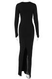 Schwarze Street Solid Patchwork-Schlitz-lange Kleider mit asymmetrischem Kragen