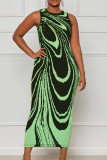 Green Sexy Striped Patchwork O Neck Printed Dress Dresses