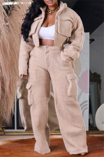 Apricot Casual Solid Patchwork Zipper Collar Long Sleeve Two Pieces
