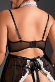 Black Sexy Living Patchwork Frenulum See-through Backless Spaghetti Strap Plus Size Sleepwear Two-piece Set