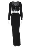 Black Street Solid Patchwork Metal Accessories Decoration Asymmetrical Collar Long Sleeve Two Pieces