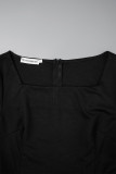 Vestidos pretos elegantes em patchwork sólido com bolso e decote em U