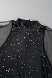Svarta Casual Solid Patchwork Genomskinliga halva turtleneck långärmade klänningar