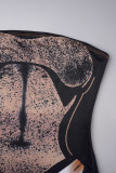 Bruine straatprint patchwork hoge opening strapless jurk met print