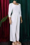 White Elegant Solid Patchwork Asymmetrical Collar Loose Jumpsuits