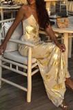 Vestido longo sexy dourado com estampa casual sem costas e alças finas
