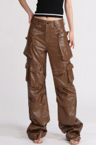 Bruin, casual effen patchwork, rechte broek met hoge taille, rechte effen kleur