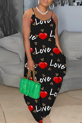 Black Rainbow Sexy Casual Print Backless Spaghetti Strap Long Cami Loose Maxi Dresses