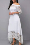 ホワイトエレガントなソリッドレースパッチワーク斜め襟不規則なドレスドレス