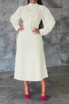 ホワイトエレガントなソリッドパッチワークバックルベルト付きOネック長袖ドレス