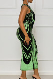 Groene sexy gestreepte patchwork O-hals bedrukte jurk-jurken
