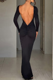 Zwarte sexy casual effen rugloze O-hals lange jurkjurken