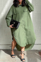 Зеленое повседневное однотонное лоскутное платье-рубашка с отложным воротником Платья больших размеров