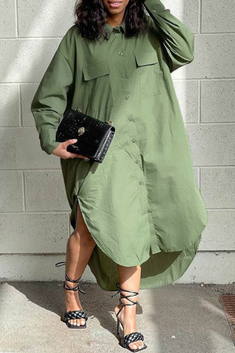Grünes, lässiges, einfarbiges Patchwork-Hemdkleid mit Umlegekragen und Kleider in Übergröße
