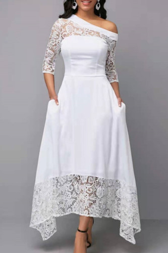 White Elegant Solid Lace Patchwork Oblique Collar Irregular Dress Dresses