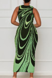 Groene sexy gestreepte patchwork O-hals bedrukte jurk-jurken