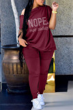 Burgundy Casual Letter Hot Drilling Patchwork Buckle Oblique Collar Plus Size Two Pieces