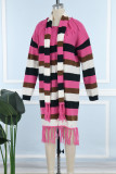 Rose Red Casual Color Block Tassel Patchwork Cardigan Collar Outerwear（With A Scarf）