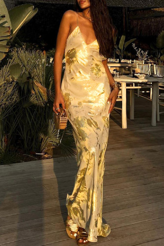 Gold Sexy Casual Print Backless Spaghetti Strap Long Dress Dresses