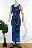 Blauwe sexy gestreepte patchwork O-hals bedrukte jurk-jurken