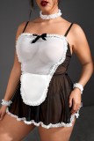 Black Sexy Living Patchwork Frenulum See-through Backless Spaghetti Strap Plus Size Sleepwear Two-piece Set