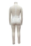 White Sexy Solid Patchwork See-through Turtleneck Long Sleeve Two Pieces