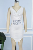 White Sexy Print Backless U Neck Vest Dress Dresses