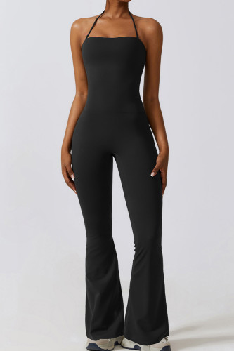 Black Sportswear Solid Patchwork Halter Boot Cut Jumpsuits