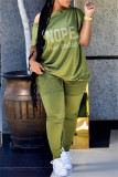 Army Green Casual Letter Hot Drilling Patchwork Buckle Oblique Collar Plus Size Two Pieces