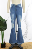 Jeans in denim regolare a vita alta strappati casual alla moda blu scuro