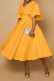 Vestido laranja elegante sólido patchwork com decote em V evasê de manga curta