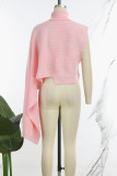 Pink Casual Solid Slit Asymmetrical Turtleneck Tops