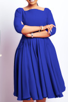 Koningsblauwe elegante effen patchwork zak U-hals A-lijn jurken