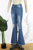 Mörkblå Mode Casual Solid Ripped High Waist Regular Denim Jeans