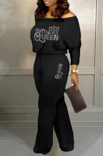 Black Casual Letter Basic Off the Shoulder Plus Size Two Pieces