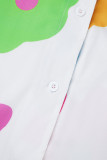 Weiße Hemdblusenkleider mit lässigem Druck, Patchwork-Knöpfen und O-Ausschnitt