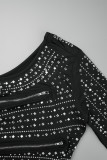 Black Elegant Solid Patchwork Hot Drill Zipper One Shoulder Wrapped Skirt Dresses