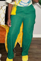Зеленые повседневные однотонные лоскутные карманы, свободные однотонные брюки с высокой талией и широкими штанинами