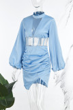 Небесно-голубые сексуальные однотонные лоскутные прозрачные платья с высоким воротником и длинными рукавами