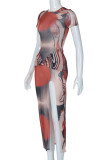 Colour Casual Print Slit O Neck Short Sleeve Dress