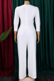ホワイトのエレガントなソリッドパッチワーク非対称襟ルーズジャンプスーツ