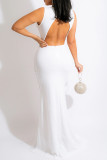 White Sexy Formal Patchwork Hot Drilling See-through Backless O Neck Evening Dress Dresses