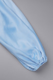 Hemelsblauwe sexy effen patchwork doorzichtige jurken met col en lange mouwen