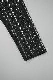 Schwarze, elegante, solide Patchwork-Hot-Drill-Reißverschluss-One-Shoulder-Wickelrock-Kleider