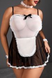 Black Sexy Living Patchwork Frenulum See-through Backless Spaghetti Strap Plus Size Sleepwear Two-piece Set