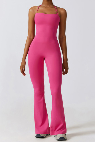 Rose Red Sportswear Solid Patchwork Halter Boot Cut Jumpsuits