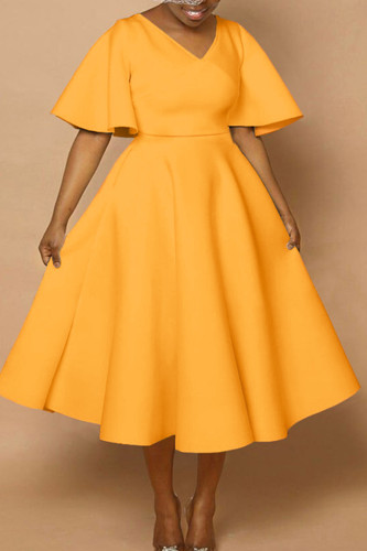 Orange Elegant Solid Patchwork V Neck A Line Short Sleeve Dress